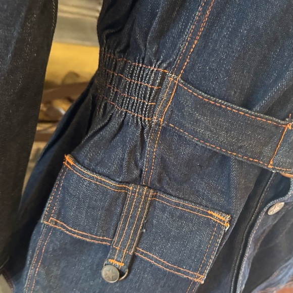 Vintage 70s RARE Longline Denim Jean Jacket Belted Orange Stitching Star Buttons - Picture 3 of 11